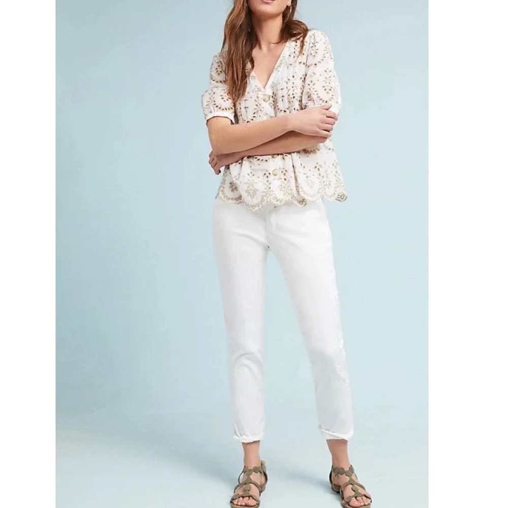 Anthropologie Chino Relaxed White Embroidered Floral Pants 99% cotton Size 31